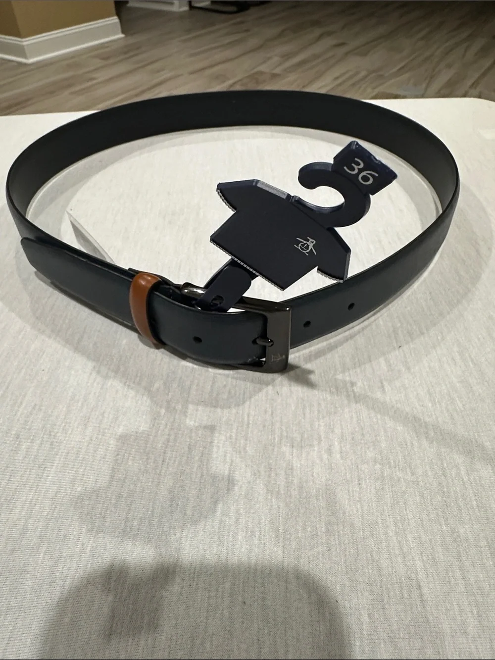 Original Penguin and Men's Navy Leather Belt with Brown Loop - Size 36, (New)